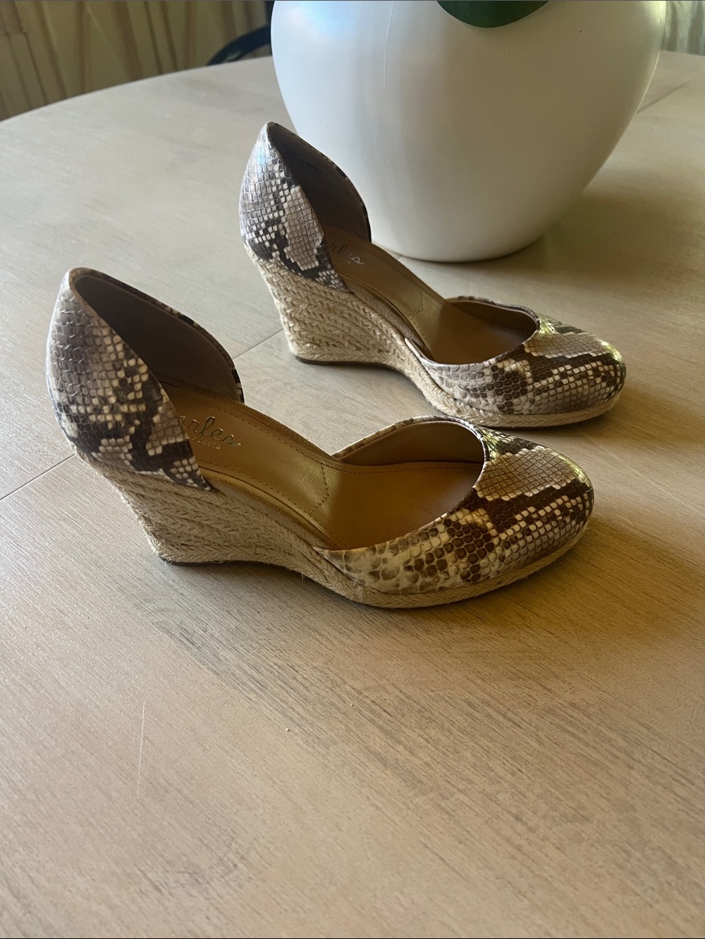 Charles David Snake-Print Espadrille Wedges in Brown and Cream